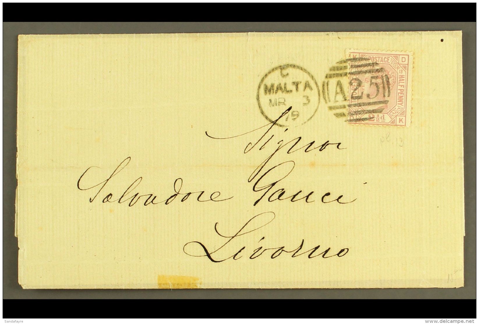 1879 COVER TO LIVORNO Bearing Great Britain 2&frac12;d Rosy-mauve, Plate 13, Tied By "MALTA / A25" Duplex Cancel,... - Malte (...-1964)