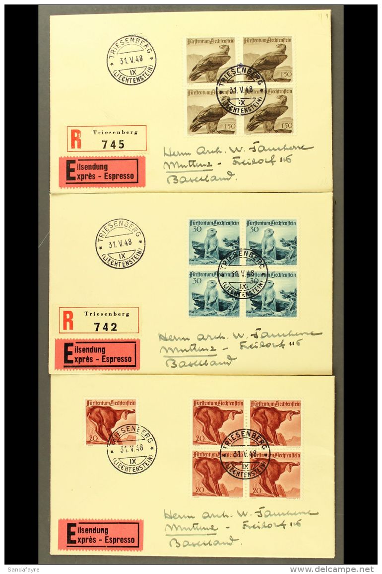 1947 Animals Complete Set (Michel 253/55, SG 255/57), Superb Used BLOCKS Of 4 On Three Express Covers (two... - Andere & Zonder Classificatie