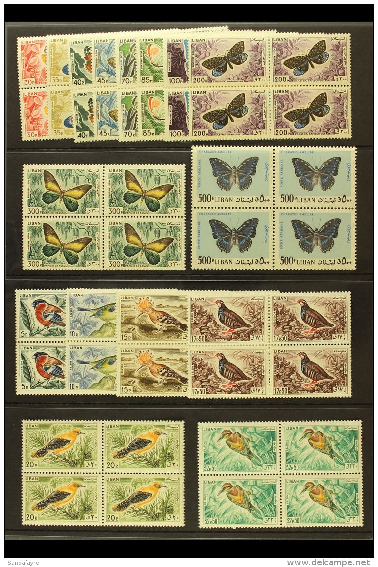 1965 Birds &amp; Butterflies Complete Set Inc Airs, SG 867/82, Superb Never Hinged Mint BLOCKS Of 4, Very Fresh.... - Libanon