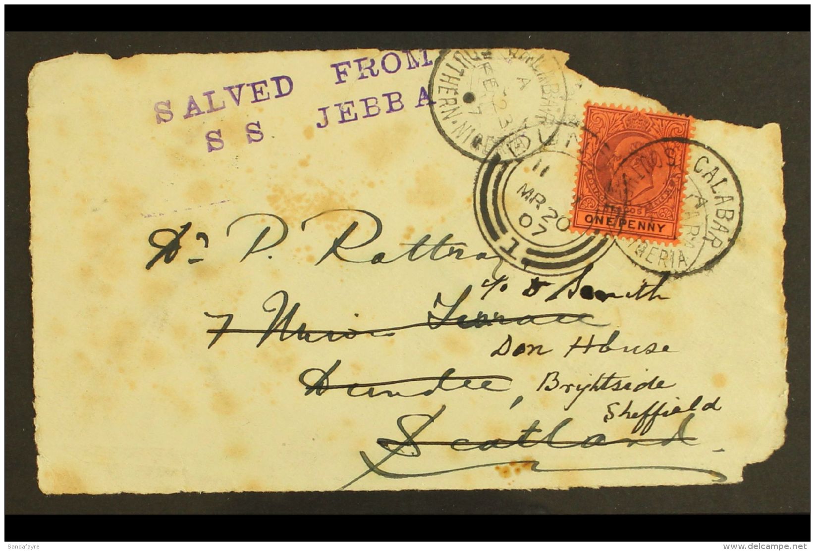 1907 WRECK OF THE JEBBA Cover Front Addressed To Dundee Bearing KEVII 1d Tied By CALABAR (FE 23 07) Cds, Alongside... - Nigeria (...-1960)