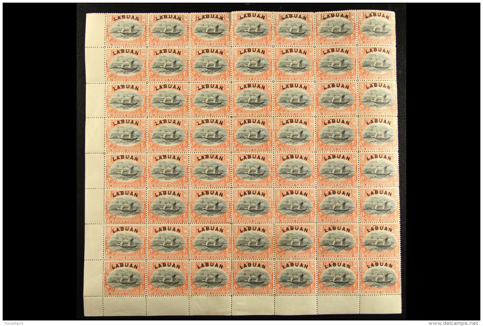 1897-1901 LARGE NHM MULTIPLE 8c Vermilion Dhow SG 94c, Lower Part Sheet Of Fifty Six (7 X 8), With Margins To Two... - Noord Borneo (...-1963)