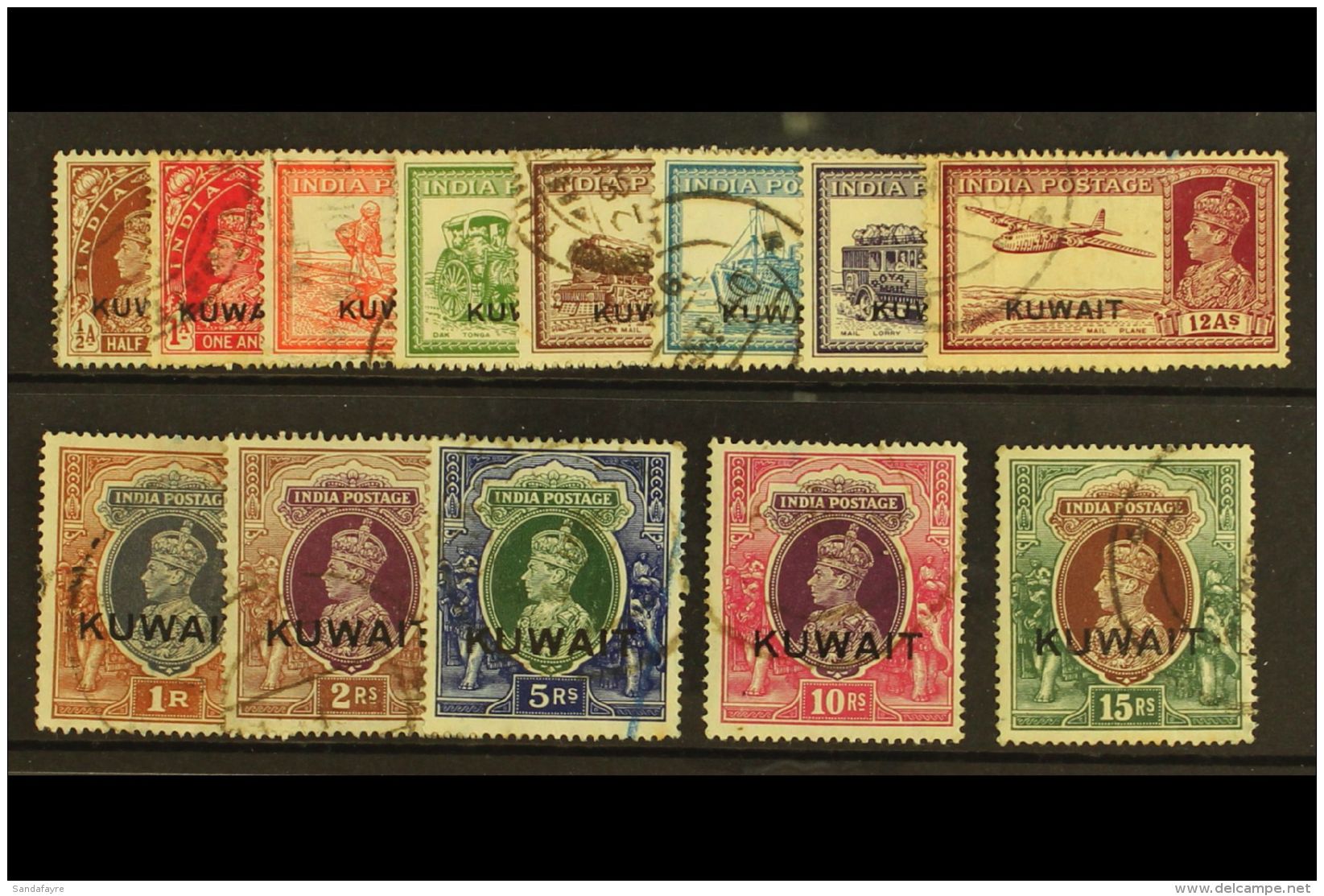 1939 Overprints On India Complete Set, SG 36/51, Postally Used, The 5r With Blue Crayon Line. (13 Stamps) For More... - Kuwait