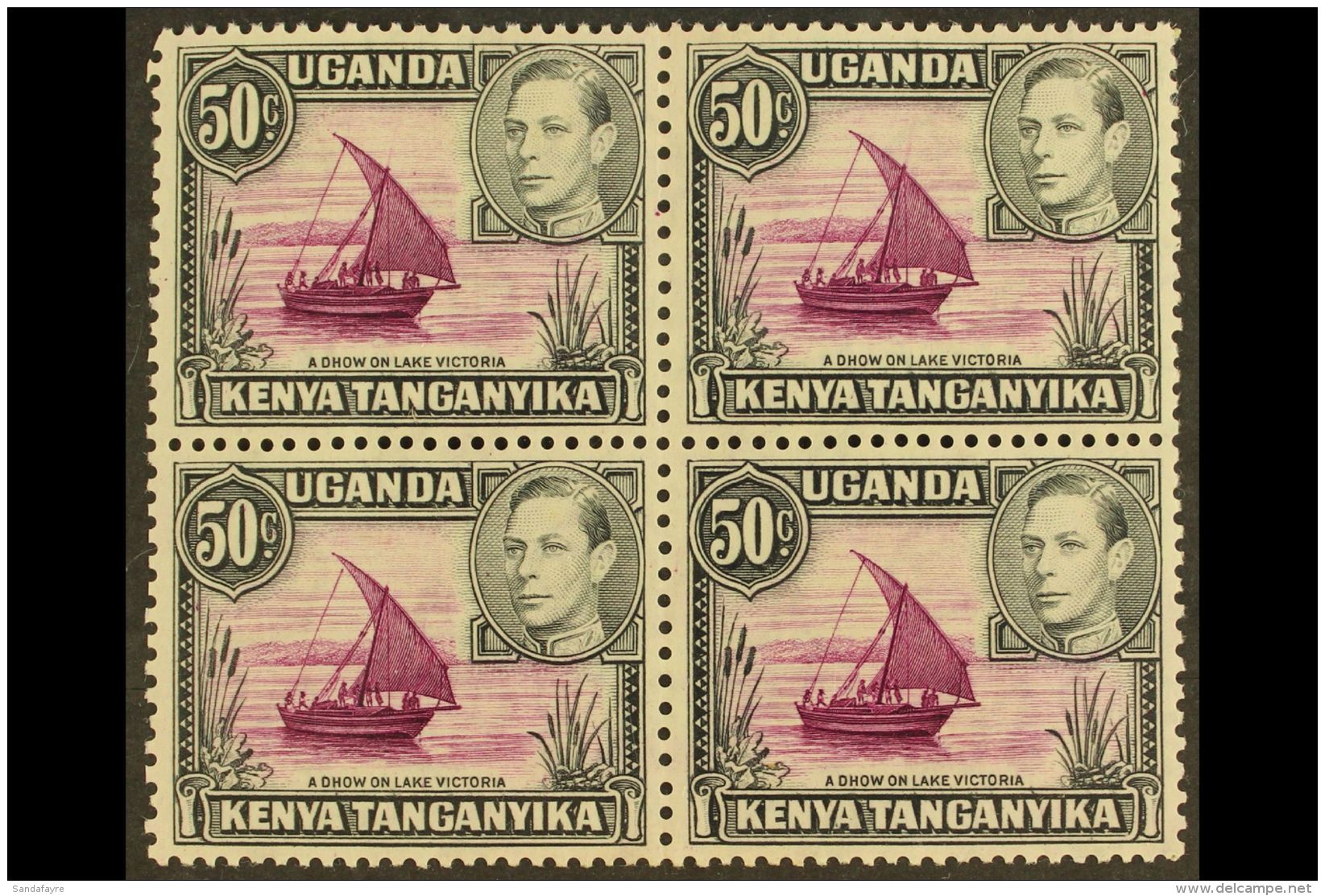 1938 50c Purple And Black With "ROPE NOT JOINED TO SAIL" Variety, SG 144a, In A Mint Block Of Four With Yellow... - Vide