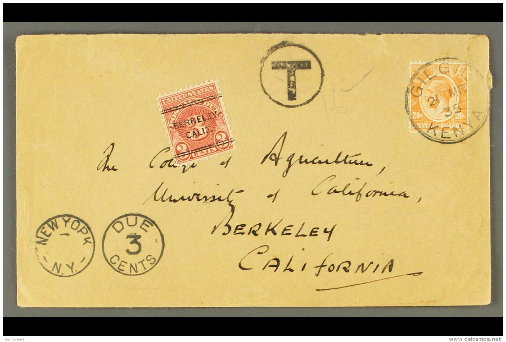 1935 UNDERPAID MAIL TO USA Delightful Envelope To California, Bearing 20c Orange Tied Gilgil/Kenya Cds, And On... - Vide