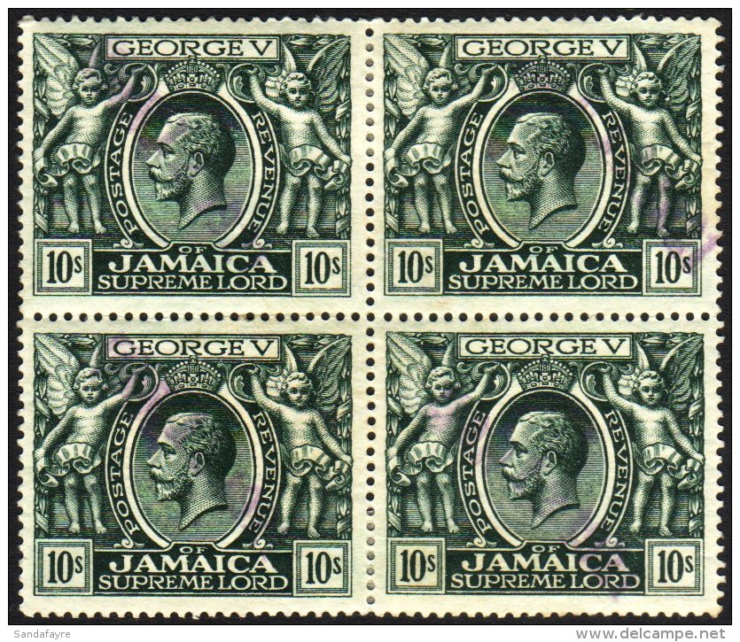 1919-21 10s Myrtle Green, Wmk Multi Crown CA, SG 89, Used BLOCK OF 4 With Very Light Violet Straight- Line Dated... - Jamaica (...-1961)