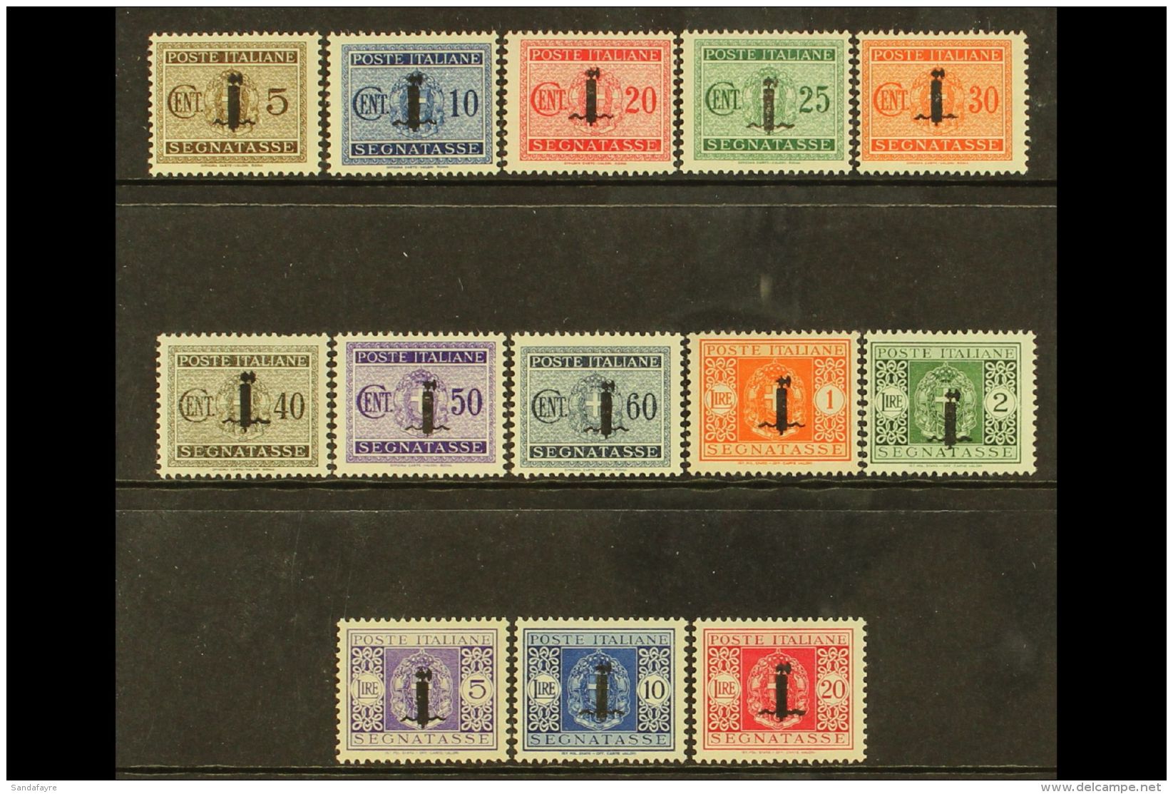 SOCIAL REPUBLIC POSTAGE DUE 1944 Complete Set With Fascist Emblem Overprint, Sassone S. 2309, Very Fine Mint. Cat... - Unclassified