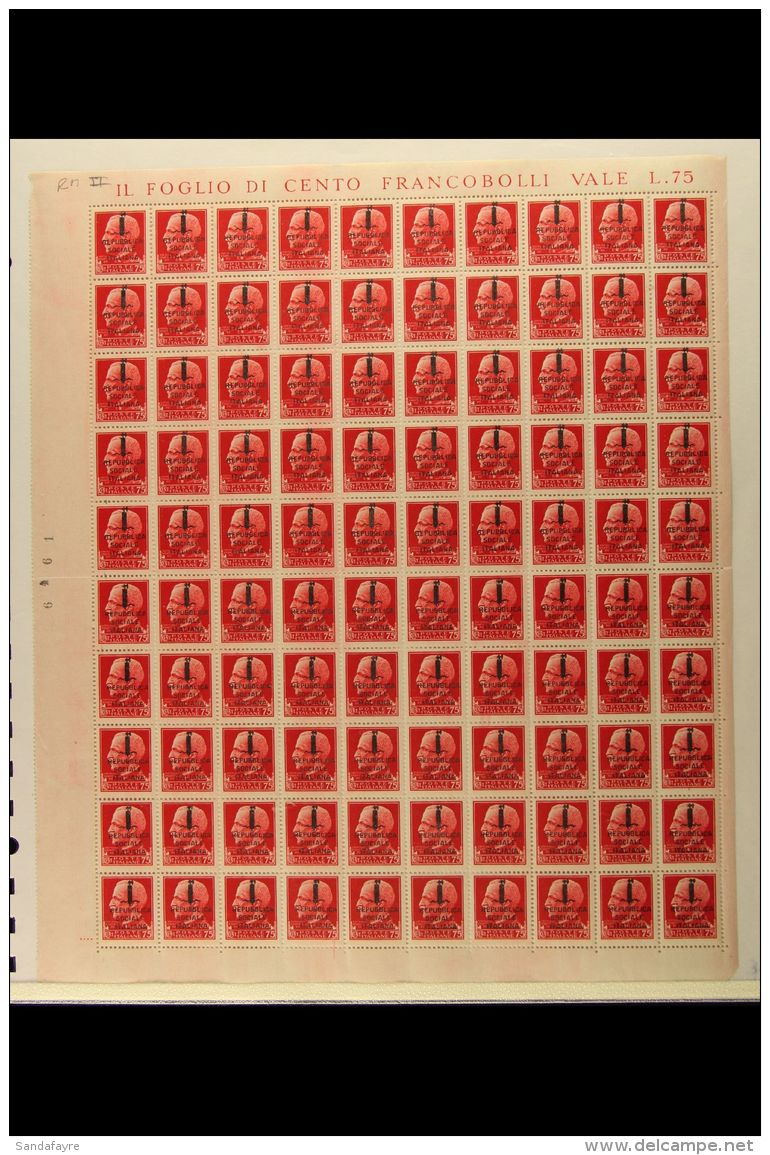 ITALIAN SOCIAL REPUBLIC 1944 75c Carmine, Rome Printing Type II (Sass 494) - A COMPLETE SHEET Of 100 Stamps With... - Unclassified