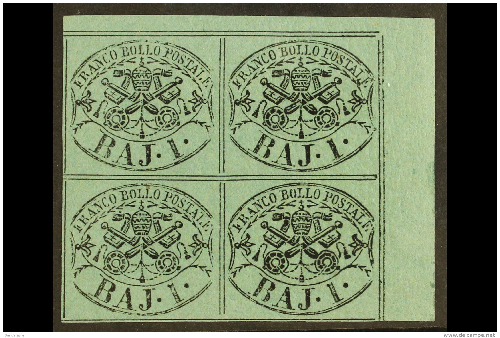 PAPAL STATES 1852 1b Deep Green (2nd Type), Sass 2b, SUPERB CORNER MARGINAL BLOCK OF 4 NHM. Cat Sass &euro;800+... - Non Classés