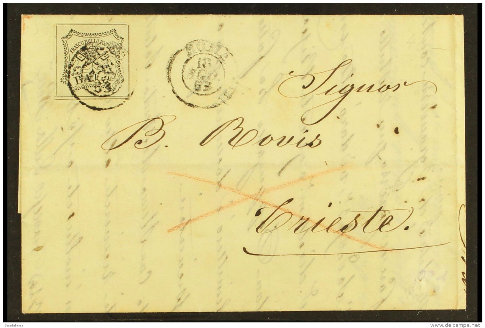 PAPAL STATES 1853 (18 Aug) EL To Trieste, Bearing 1852 8b Black On White, Sassone 9, SG 26, Tied By "Roma" Cds... - Ohne Zuordnung