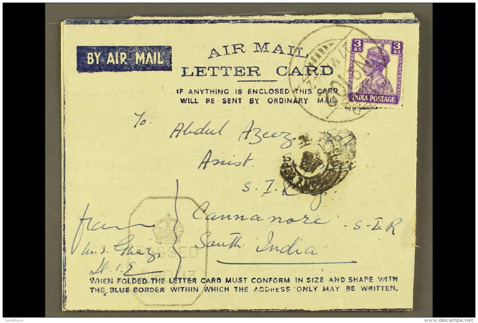 1942 (27 May) Air Letter With India 3a Stamp Tied FPO No. 102 Of 27th May 1942 (Mosul) Cds Pmk, Variously Censored... - Iraq