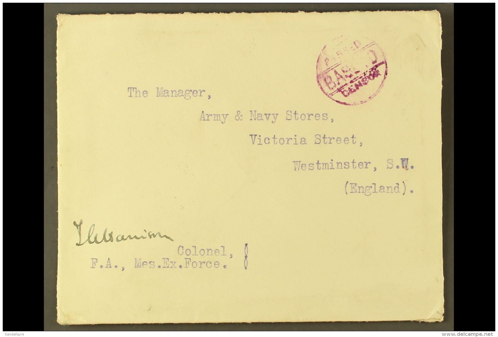 1917 (18 Aug) Stampless Env With Embossed Flap Of "Government Of India" Addressed To England And Endorsed By A... - Iraq