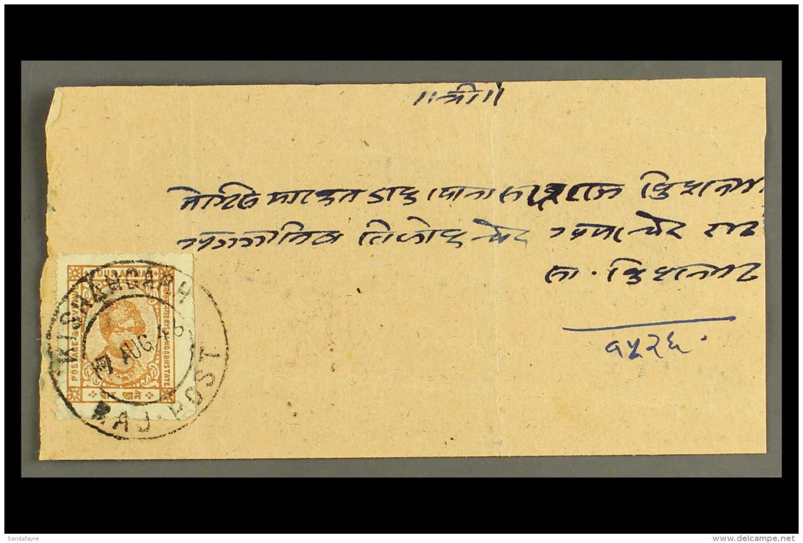 KISHANGARH 1946 Part Cover Franked 4a Brown On Unsurfaced Paper, SG 88, Tied By Kishangarh Raj - Post 17 Aug 46... - Sonstige & Ohne Zuordnung