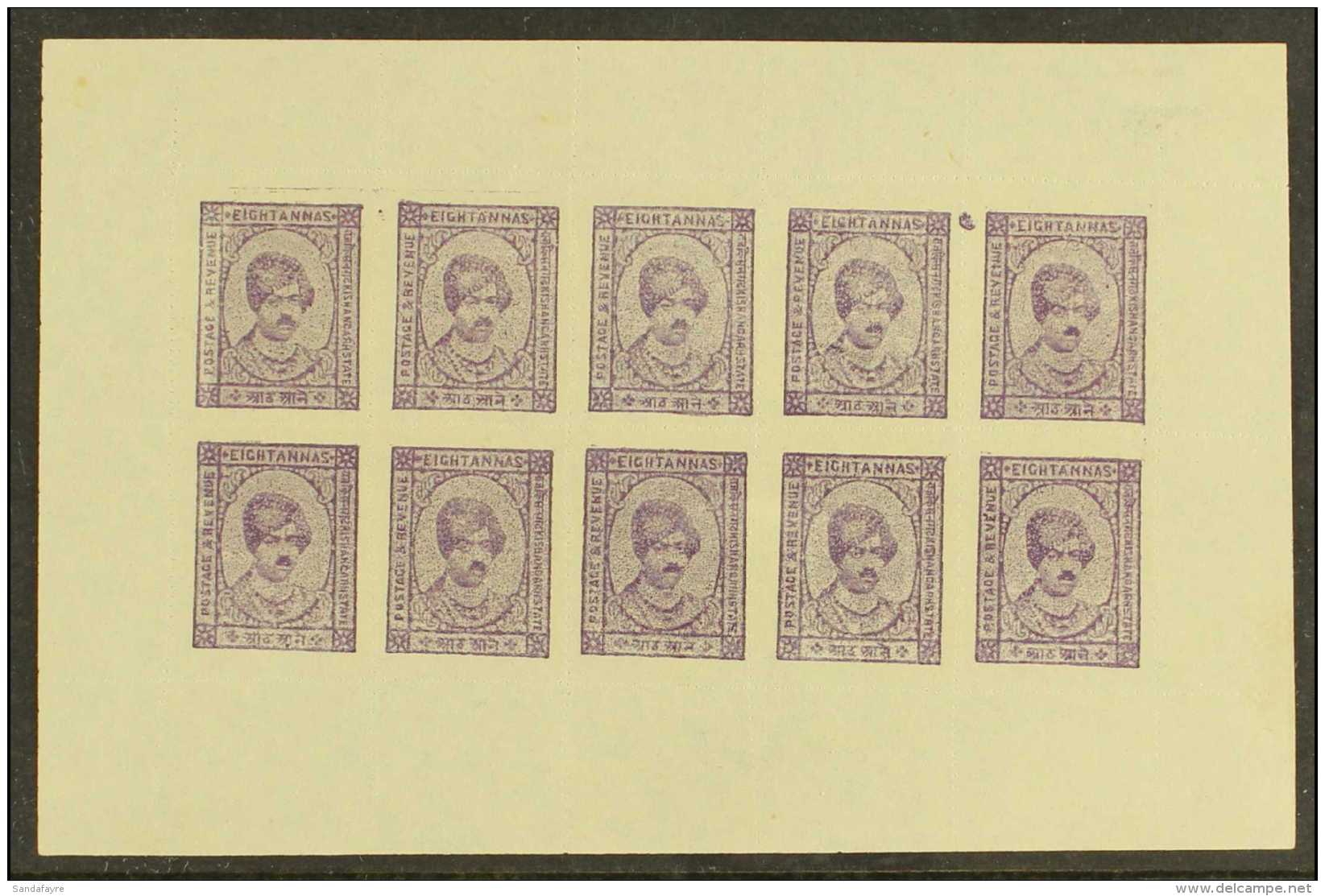 KISHANGARH 1943 8a Violet On Unsurfaced Paper, SG 84, Complete Sheet Of 10 With Complete Margins All Round, Very... - Andere & Zonder Classificatie