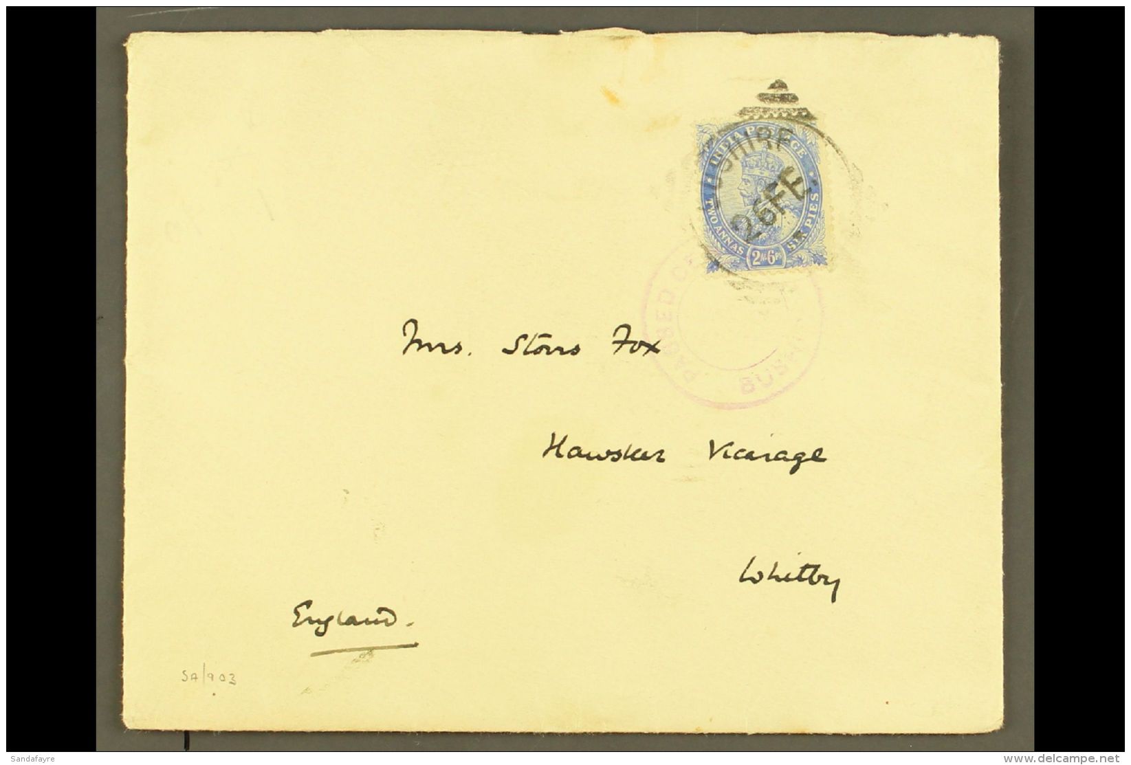 USED ABROAD - BUSHIRE. 1918 (26 Feb) Env To England Bearing Indian 2a6p Stamp Tied Bushire Squared- Circle Pmk... - Andere & Zonder Classificatie