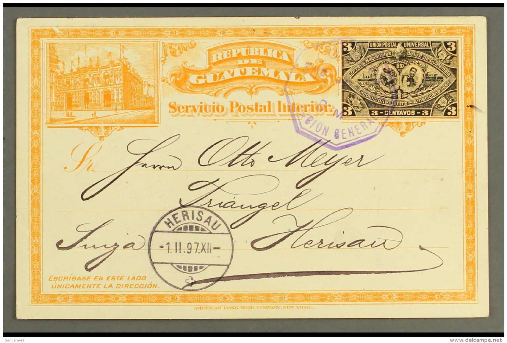 1897 (6 Jan) 3c Black And Orange "Expo" Type Postal Stationery Card Postally Used From Guatemala (City) To... - Guatemala