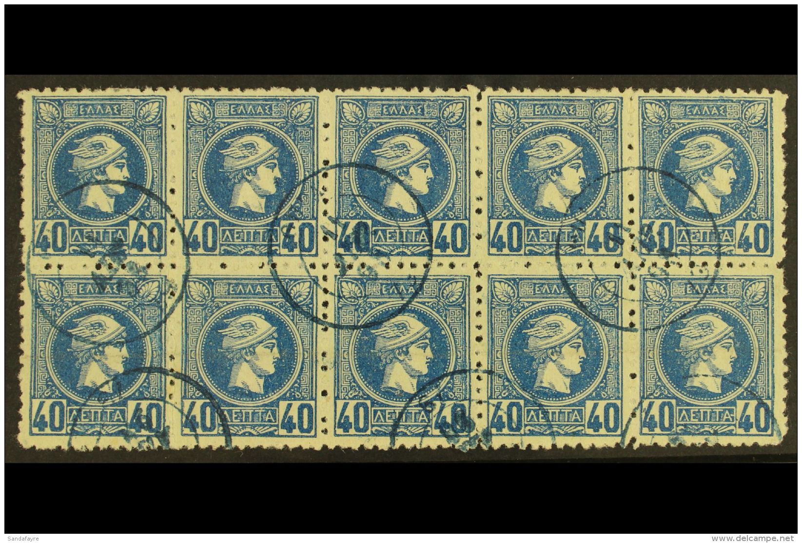 1893-95 40L Blue Small Hermes Perf 11&frac12; (Michel 91 A, SG 108), Very Fine Used BLOCK Of 10 (5x2) Cancelled By... - Sonstige & Ohne Zuordnung
