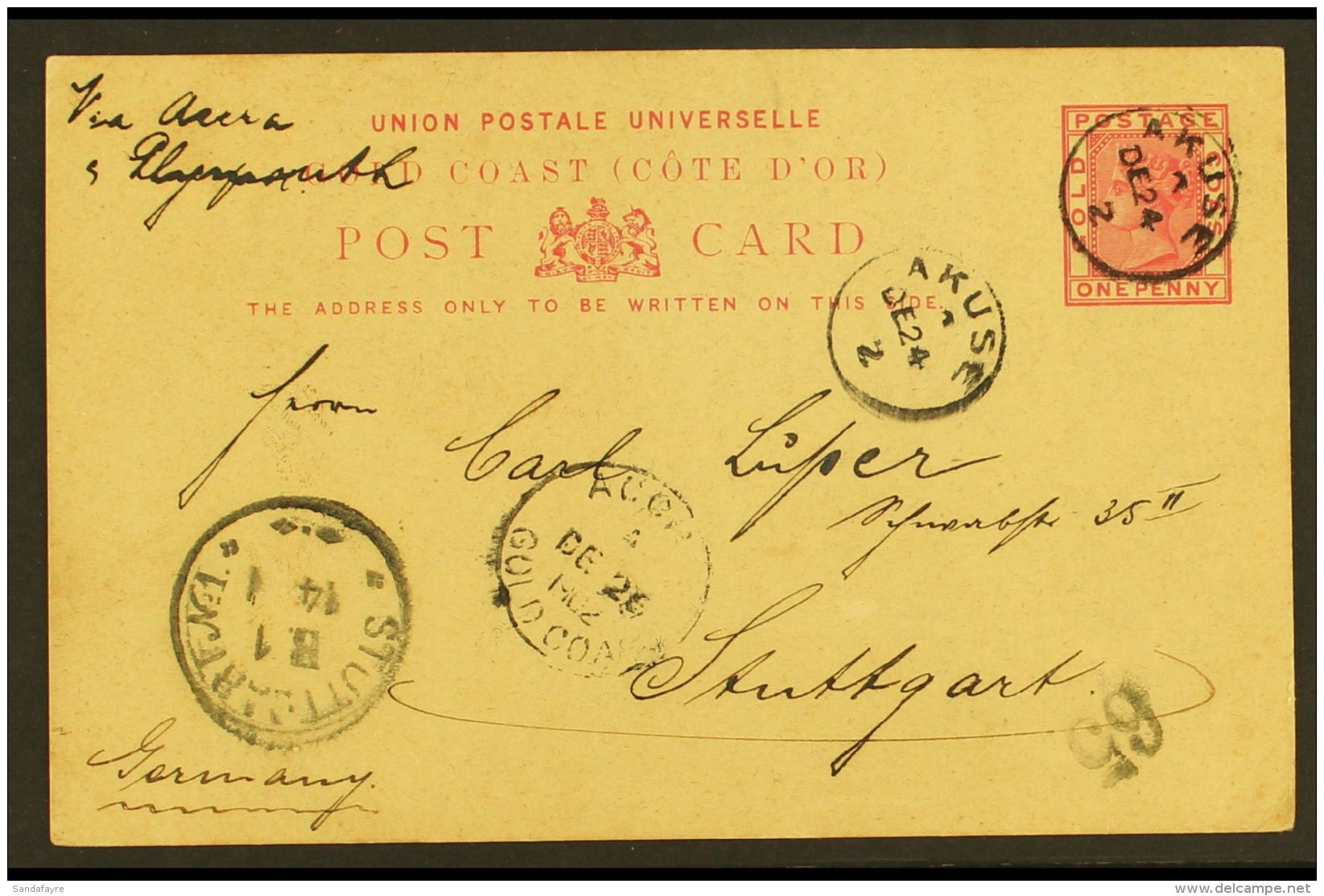 1902 (24 Dec) 1d QV Postal Stationery Postcard Addressed To Germany, Cancelled By "Akuse" Cds's, Plus "Accre"... - Côte D'Or (...-1957)