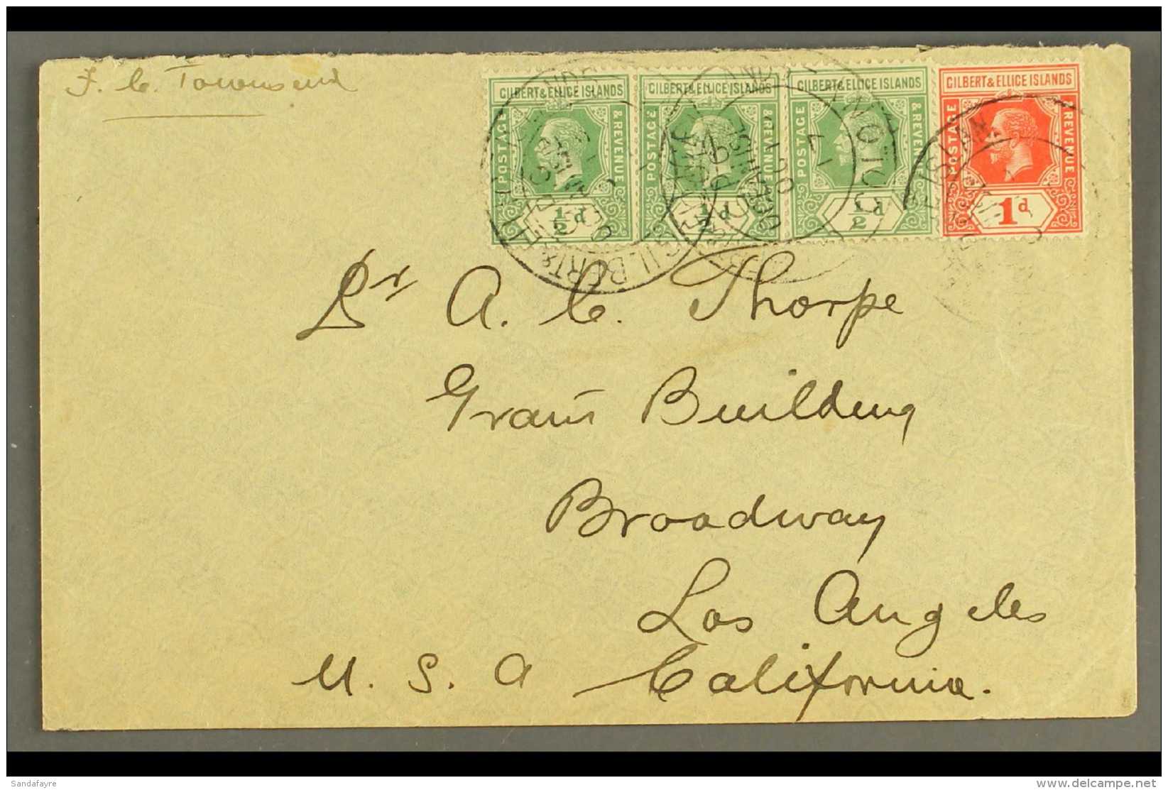 OCEAN ISLAND 1917 Cover To USA, Bearing KGV &frac12;d X3 &amp; 1d, Cancelled By "G.P.O. Ocean Isld." Pmks. For... - Gilbert- En Ellice-eilanden (...-1979)