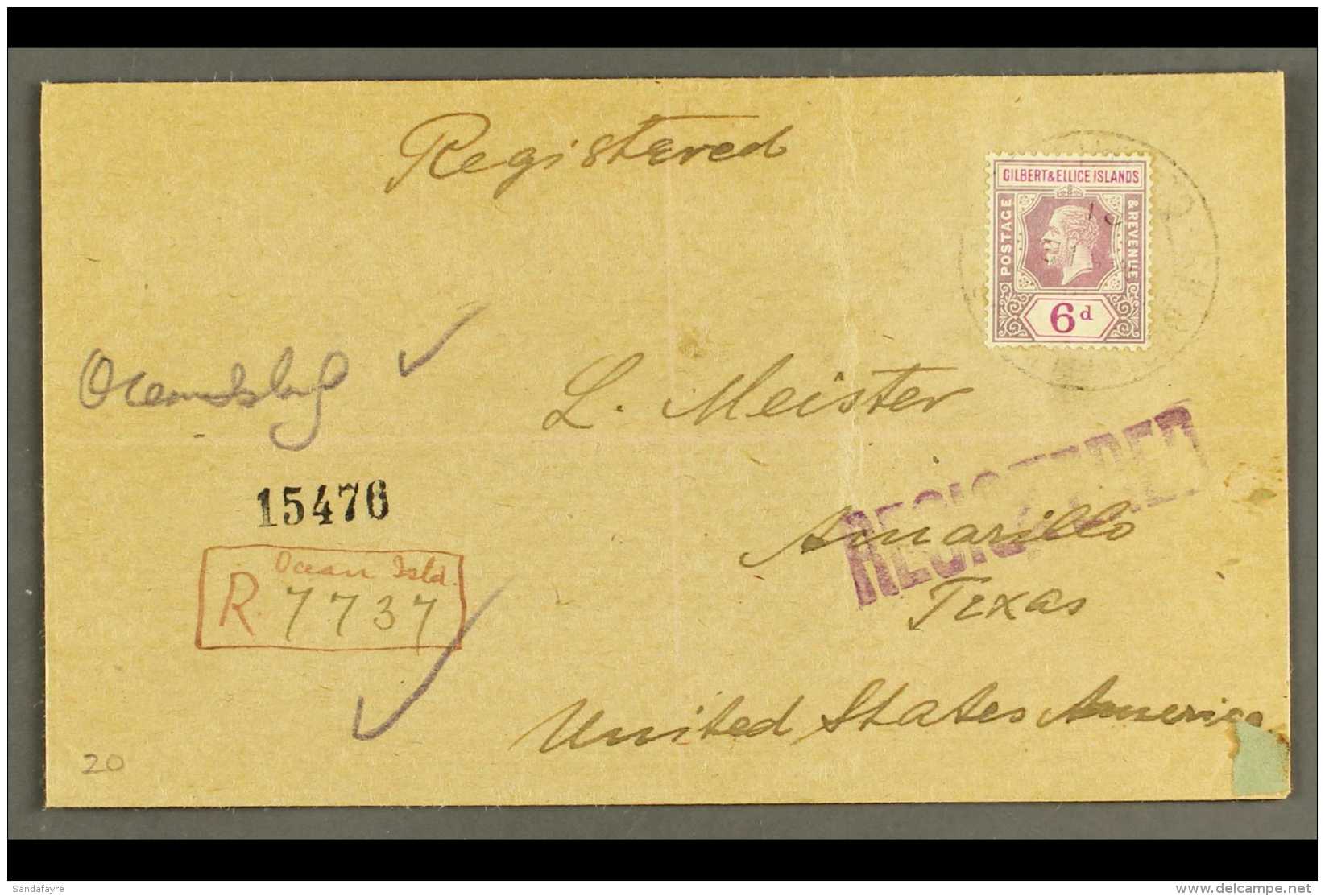 OCEAN ISLAND 1924 Registered Cover To USA, Bearing KGV 6d, Cancelled By "G.P.O. Ocean Isld." Pmk, With Hand... - Gilbert & Ellice Islands (...-1979)