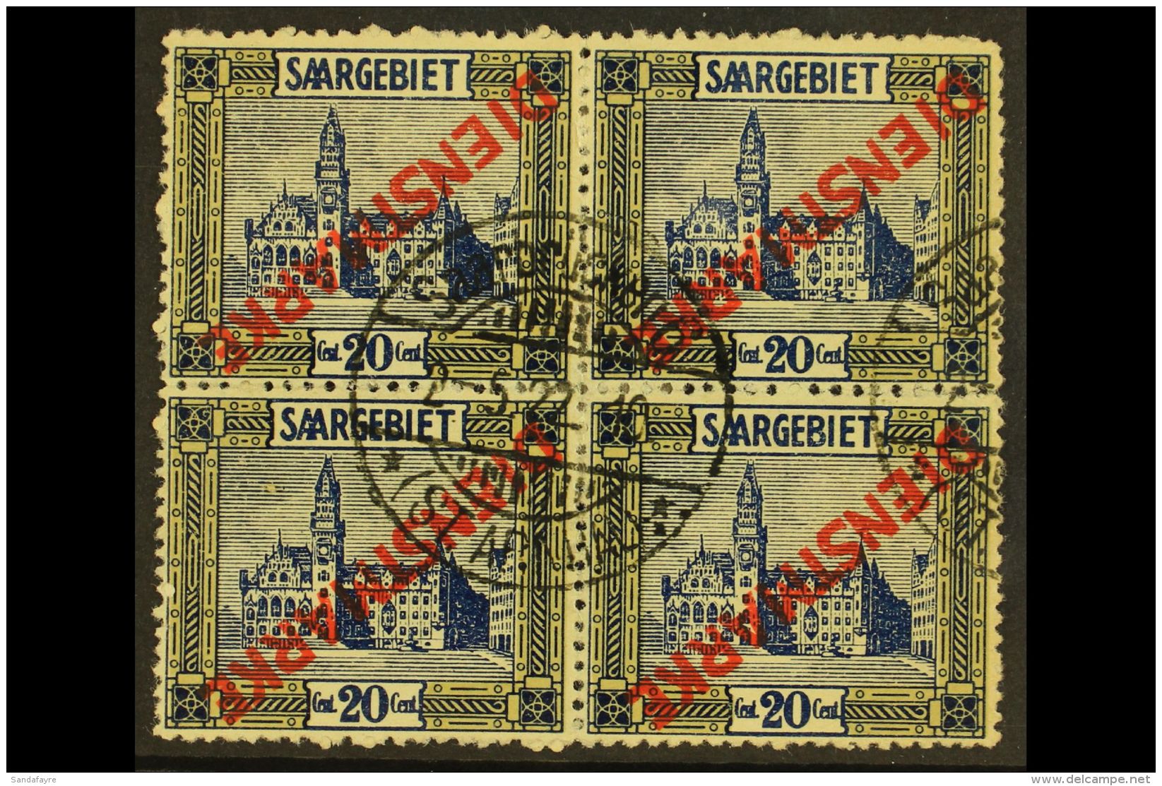 OFFICIAL 1922-24 20c Blue &amp; Yellow With OVERPRINT INVERTED Variety, Michel 5 I K, Fine Cds Used BLOCK Of 4,... - Andere & Zonder Classificatie