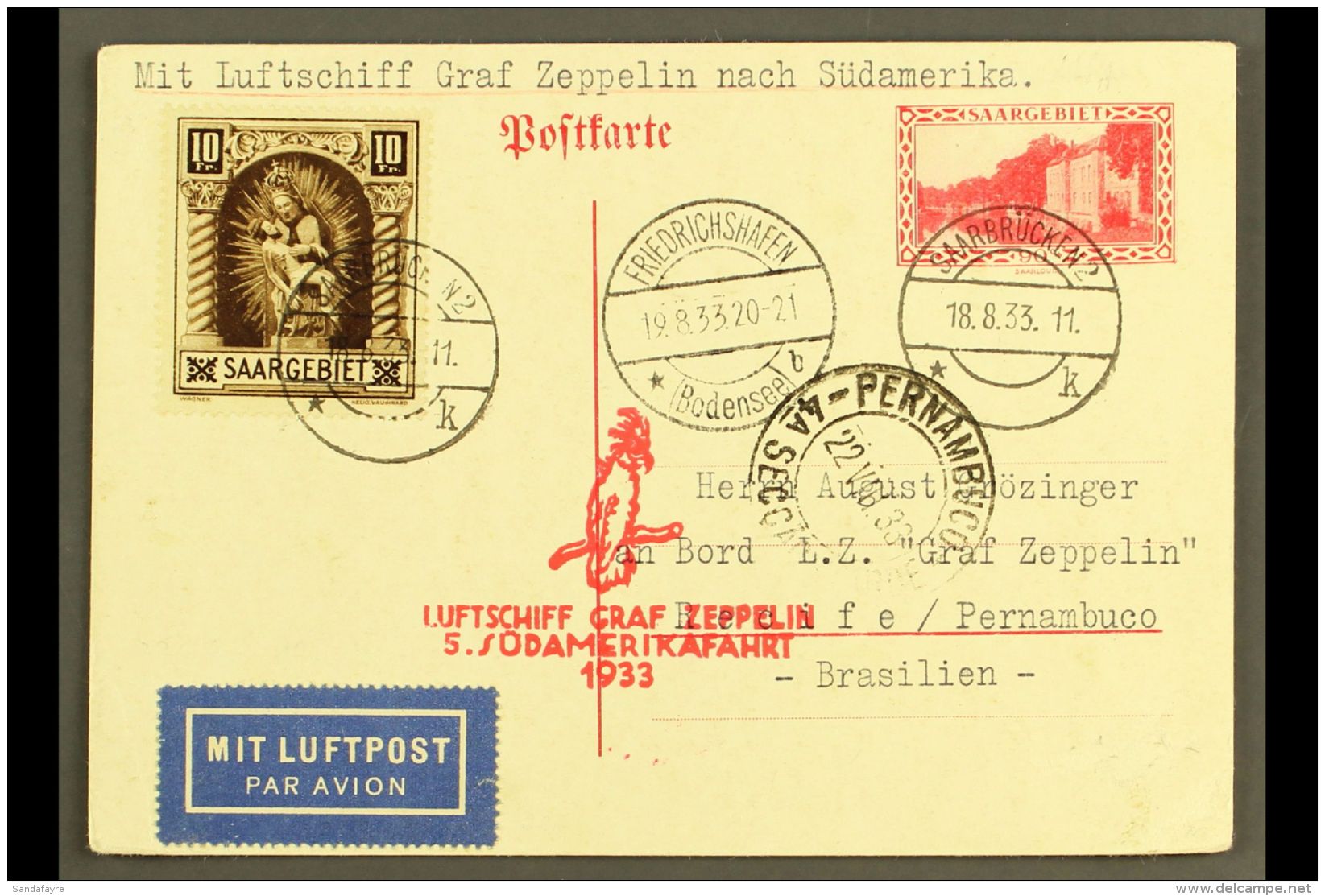1933 (18 Aug) ZEPPELIN FLIGHT TO BRAZIL. Saar 90c P/card Uprated With 10f Brown Stamp, Addressed To Passenger On... - Autres & Non Classés