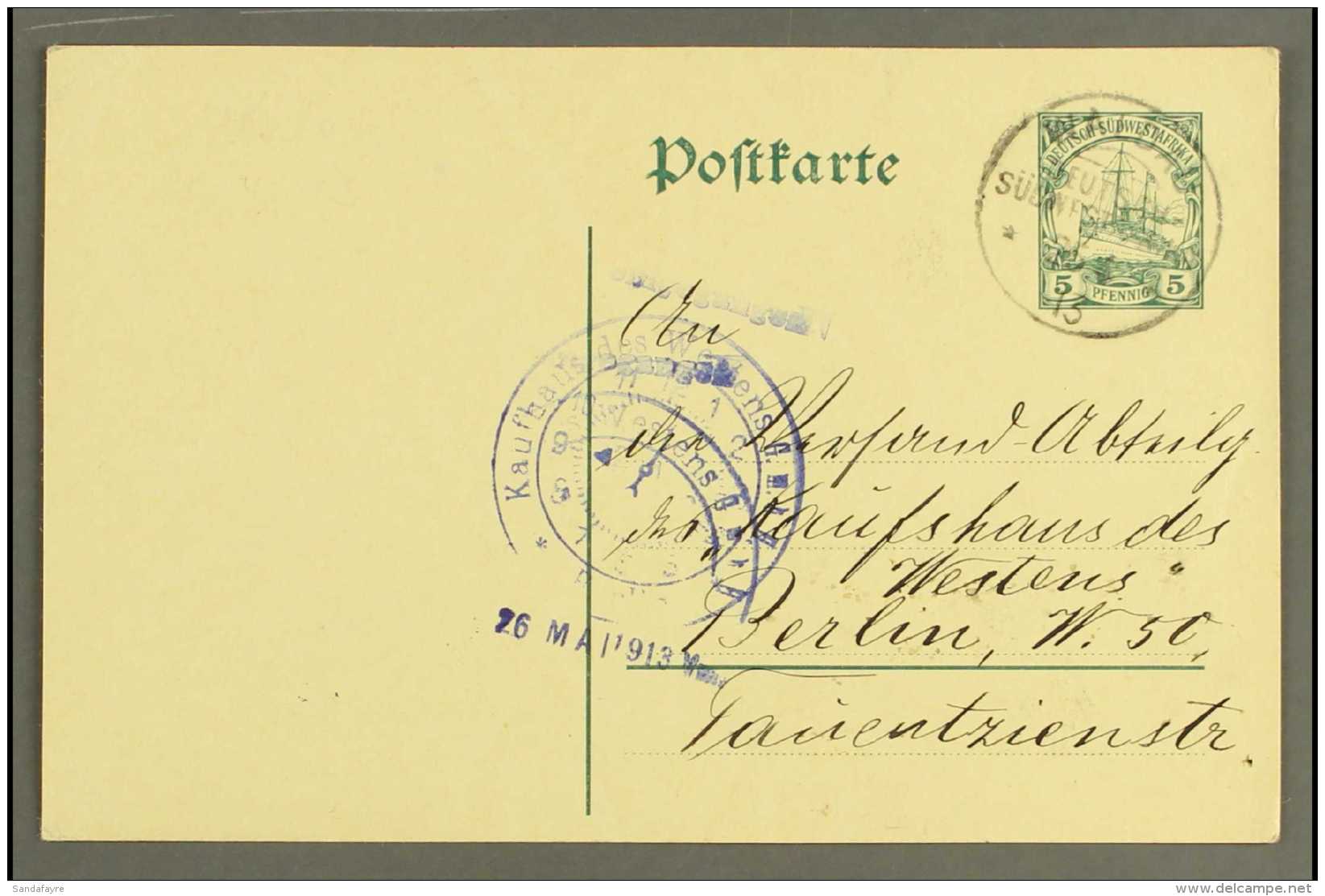 SOUTH WEST AFRICA 1913 (25 Apr) 5pf Postal Stationery Card To Germany With Fine "WALDAU" Cds Cancel, Berlin "clock... - Sonstige & Ohne Zuordnung