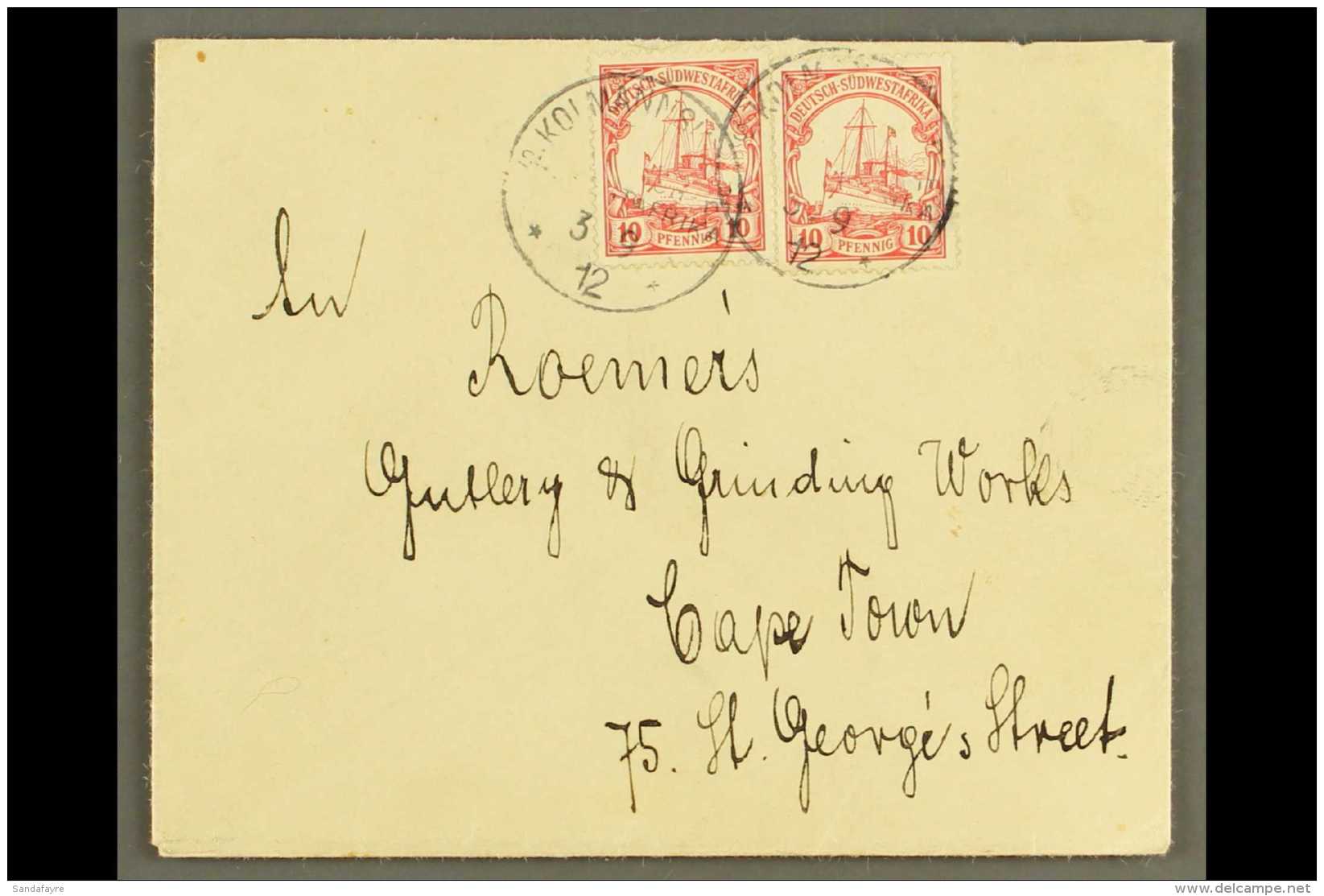 SOUTH WEST AFRICA 1912 (3 Sep) Neat Cover To Cape Town Bearing 10pf Yacht X2 Tied By "KOLMANNSKUPPE" Cds Cancels.... - Andere & Zonder Classificatie