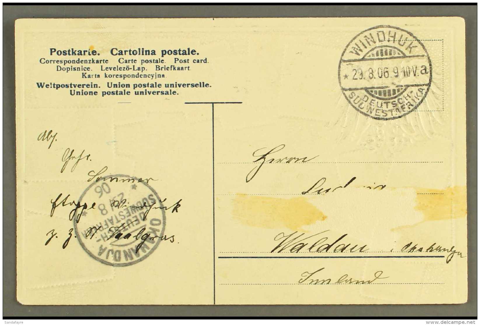 SOUTH WEST AFRICA 1906 (29 Aug) Stampless Ppc To Okahandja Showing Very Fine "WINDHUK" Cds With Very Fine... - Andere & Zonder Classificatie