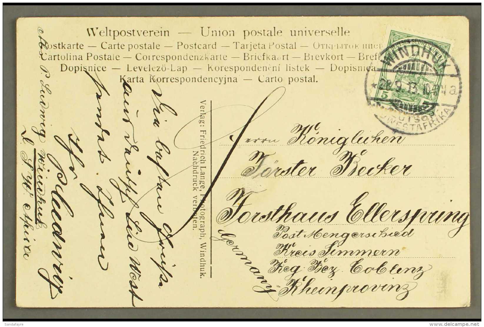 SOUTH WEST AFRICA 1913 (28 Sep) Ppc To Germany Bearing 5pf Yacht Tied By Fine "WINDHUK" Cds Cancel With Message... - Andere & Zonder Classificatie