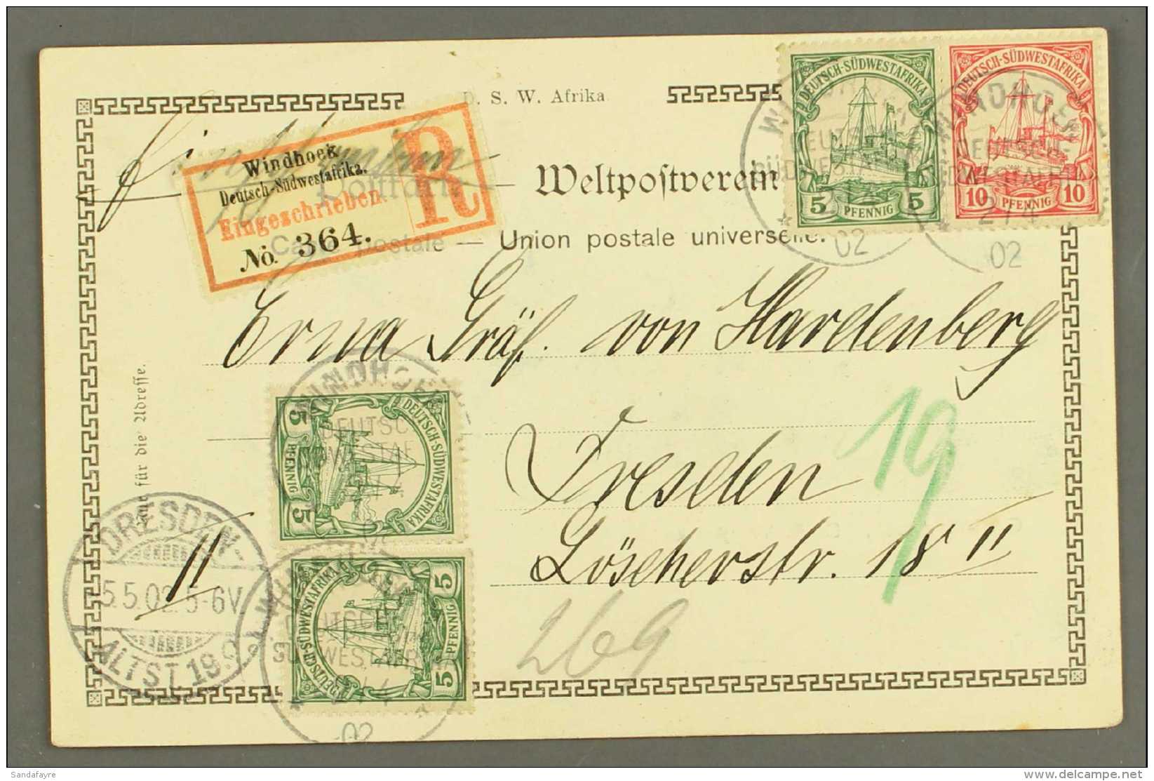 SOUTH WEST AFRICA 1902 (2 Apr) Ppc Registered To Germany Bearing 5pf X3 And 10pf Yacht Tied By "WINDHOEK" Cds... - Andere & Zonder Classificatie