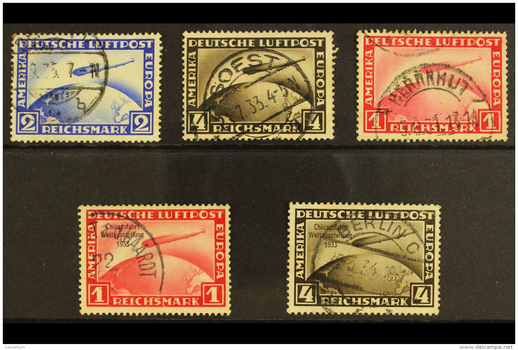 1928-33 ZEPPELIN USED GROUP On A Stock Card, Inc 1928 2m Blue &amp; 4m Sepia, 1931 1m Carmine, 1933 Chicago... - Other & Unclassified