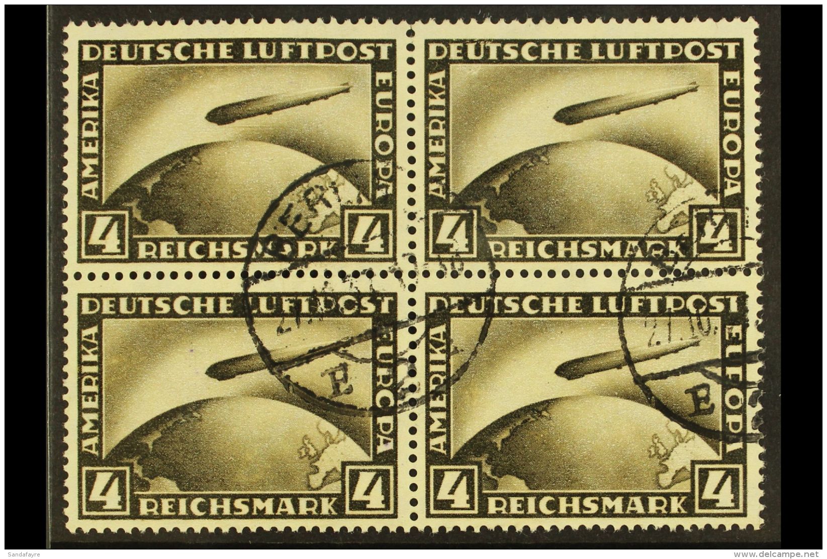 1928 4m Sepia Air Zeppelin (Michel 424, SG 445), Fine Cds Used BLOCK Of 4 Cancelled By Two "Berlin" Cds's. Fresh... - Andere & Zonder Classificatie