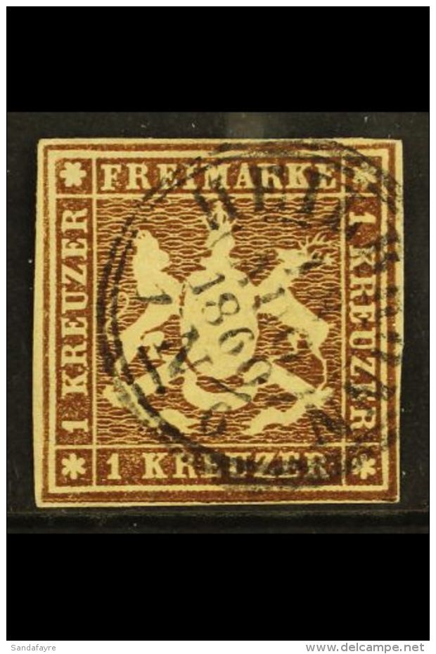 WURTTEMBERG 1859 1kr Brown Imperf Arms On Paper Without Thread, Michel 11a, Fine Used With Four Margins And Neat... - Sonstige & Ohne Zuordnung