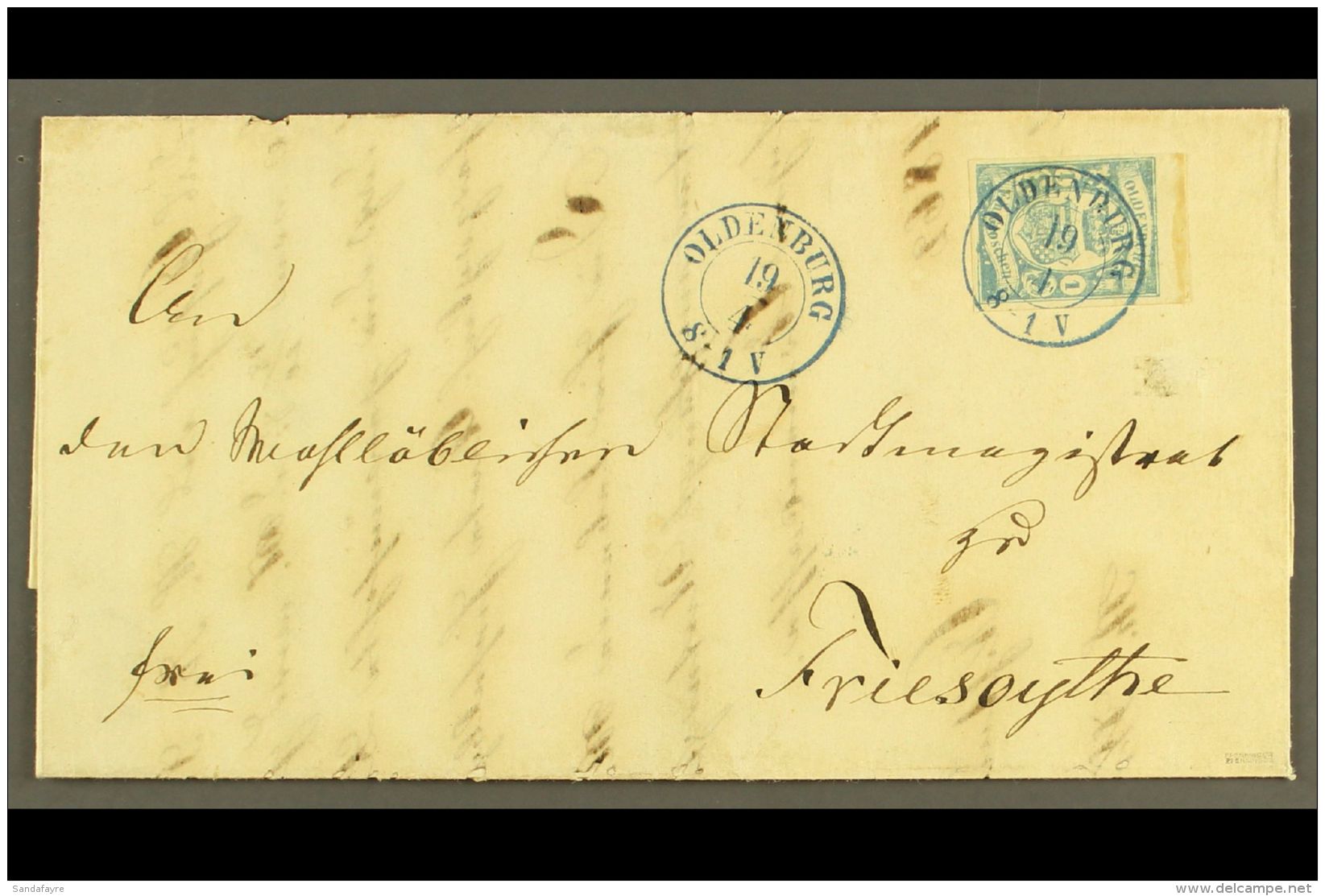 OLDENBURG 1862 (19 Apr) Entire Letter Bearing 1861 1gr Blue (Michel 12, SG 23) Tied By Blue "Oldenburg" Cds... - Andere & Zonder Classificatie