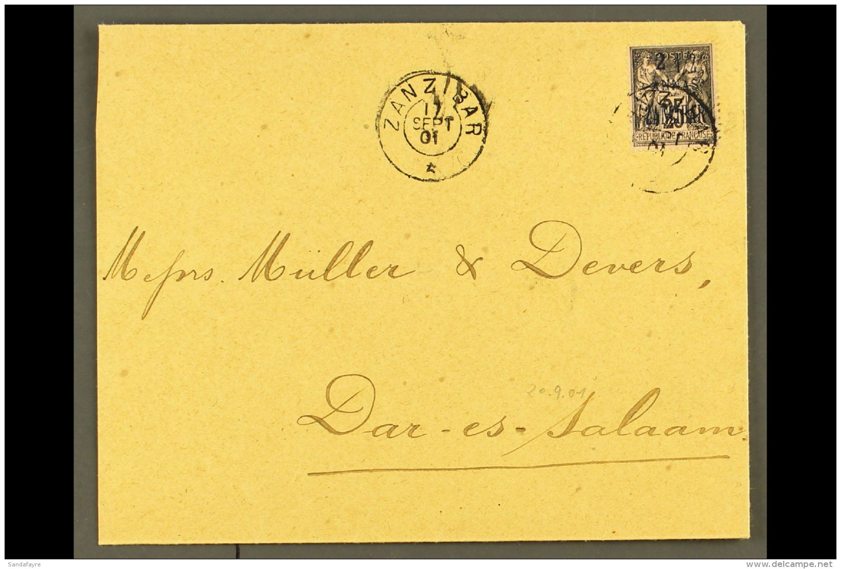 ZANZIBAR 1901(17th Sept) Cover To Dar-es-Salaam Bearing 2&frac12;a On 25c (Yv 24) Tied By Zanzibar Cds &amp;... - Other & Unclassified