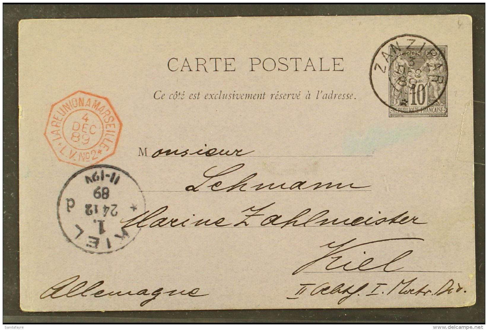 ZANZIBAR 1889 (3rd Dec) 10c Postal Stationery Card To Kiel, Germany Bearing Zanzibar Twin Ring Cds, French Sea... - Other & Unclassified