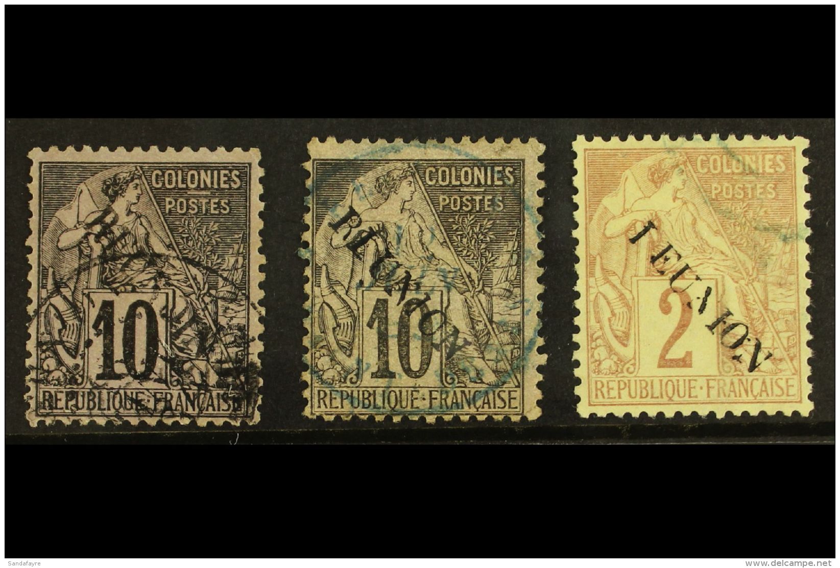 REUNION 1891 10c Black On Lilac With "REUNOIN" Error (Yvert 21bD) Plus Another 2c And 10c Each With Minor... - Andere & Zonder Classificatie