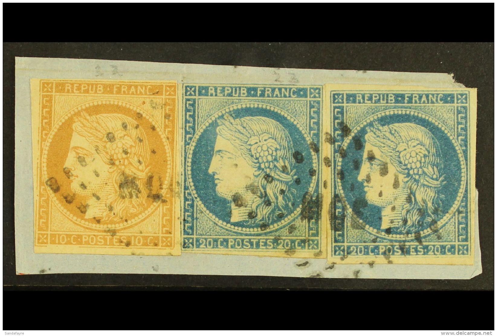 MARTINIQUE 1871 General Colonies 10c Bistre And 20c Blue (2), YV 11, 12, Tied To Small Piece By Dotted Lozenge... - Autres & Non Classés