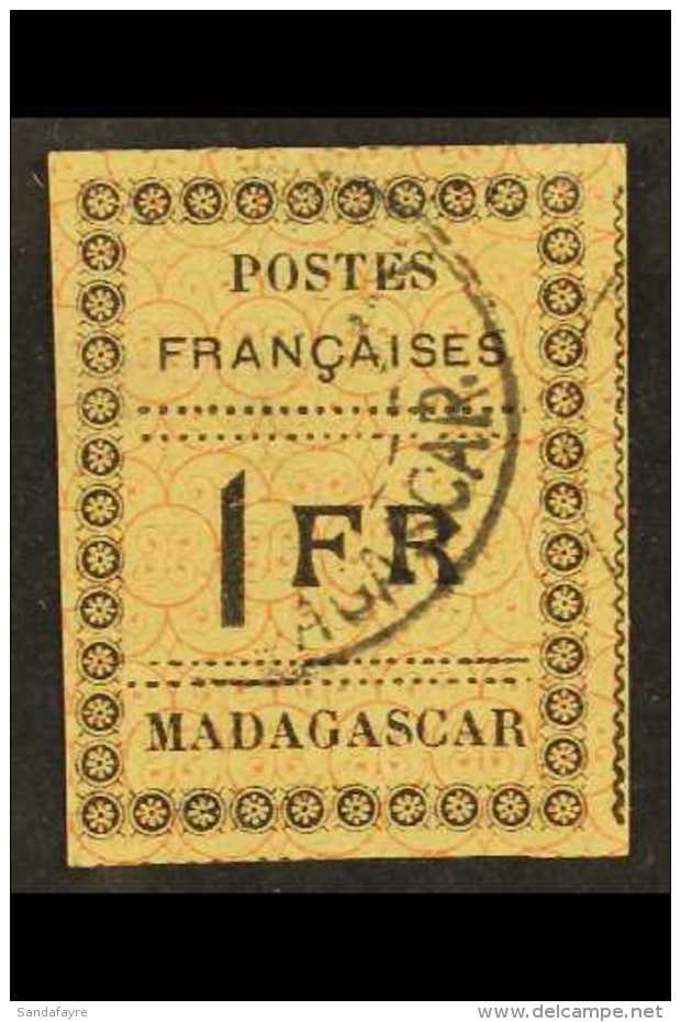 MADAGASCAR 1891 1fr Black On Yellow, Yvert 12, Very Fine Used, Very Shallow Hinge Thin. For More Images, Please... - Sonstige & Ohne Zuordnung