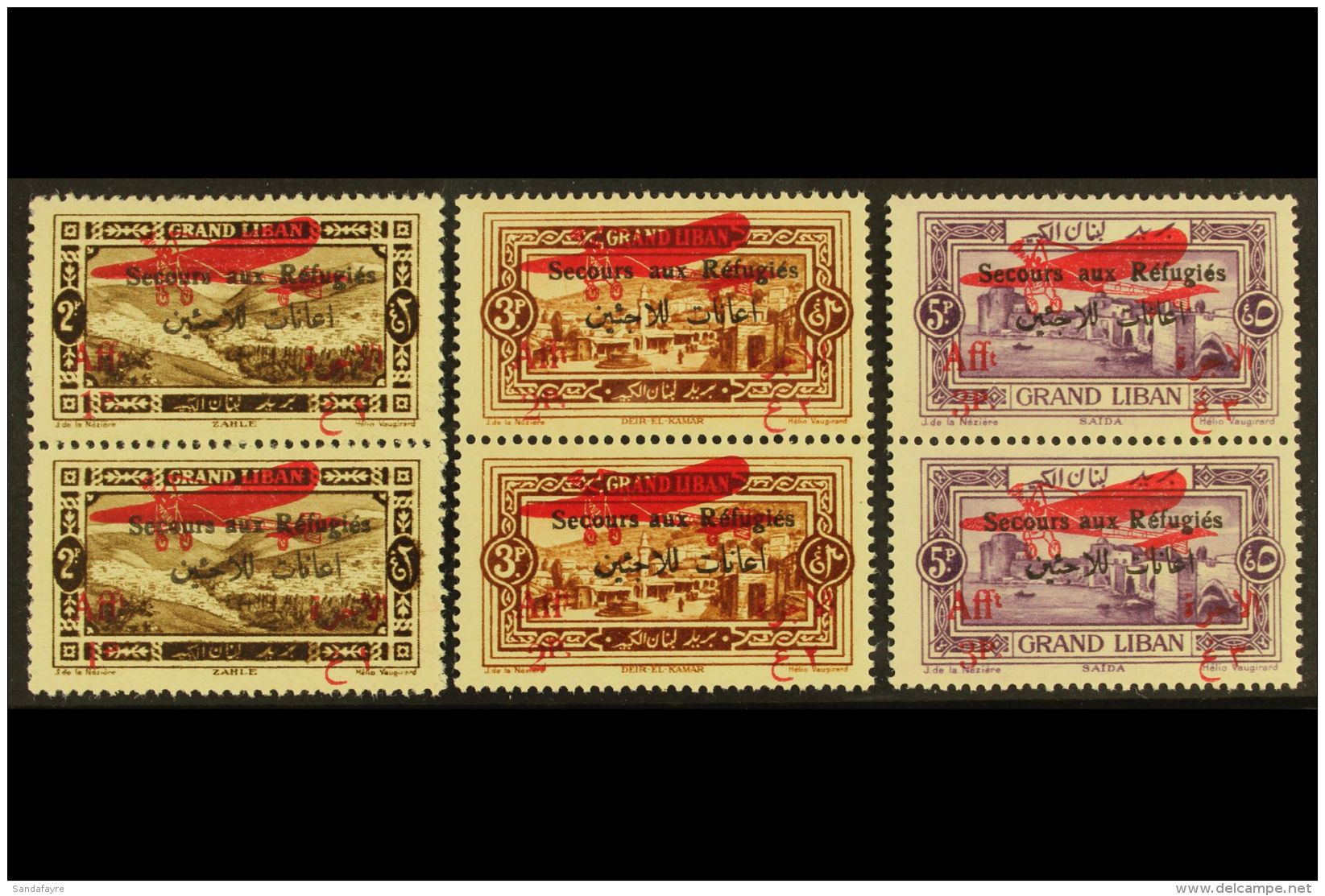 LEBANON 1926 2p+1p Sepia, 3p+2p Brown &amp; 5p+3p Violet Air Refugees Overprints (Yvert 17/19, SG 91/93), Fine... - Sonstige & Ohne Zuordnung