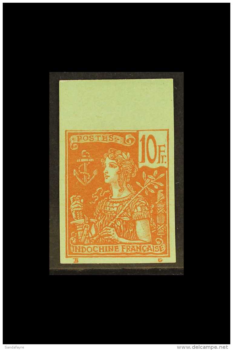 INDO-CHINA 1904-06 10F Red On Bluish Green, IMPERFORATE, Yv 40a, Unused Without Gum, Creased, Certificate... - Autres & Non Classés