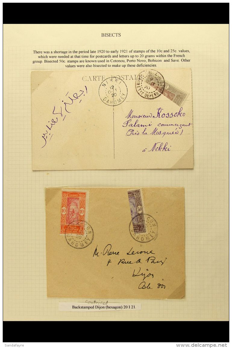 DAHOMEY BISECTS ON COVER 1920-29 Group With 1920 Ppc To Nikki Bearing Bisected 20c Tied By Cotonou Cds, 1920 Cover... - Andere & Zonder Classificatie