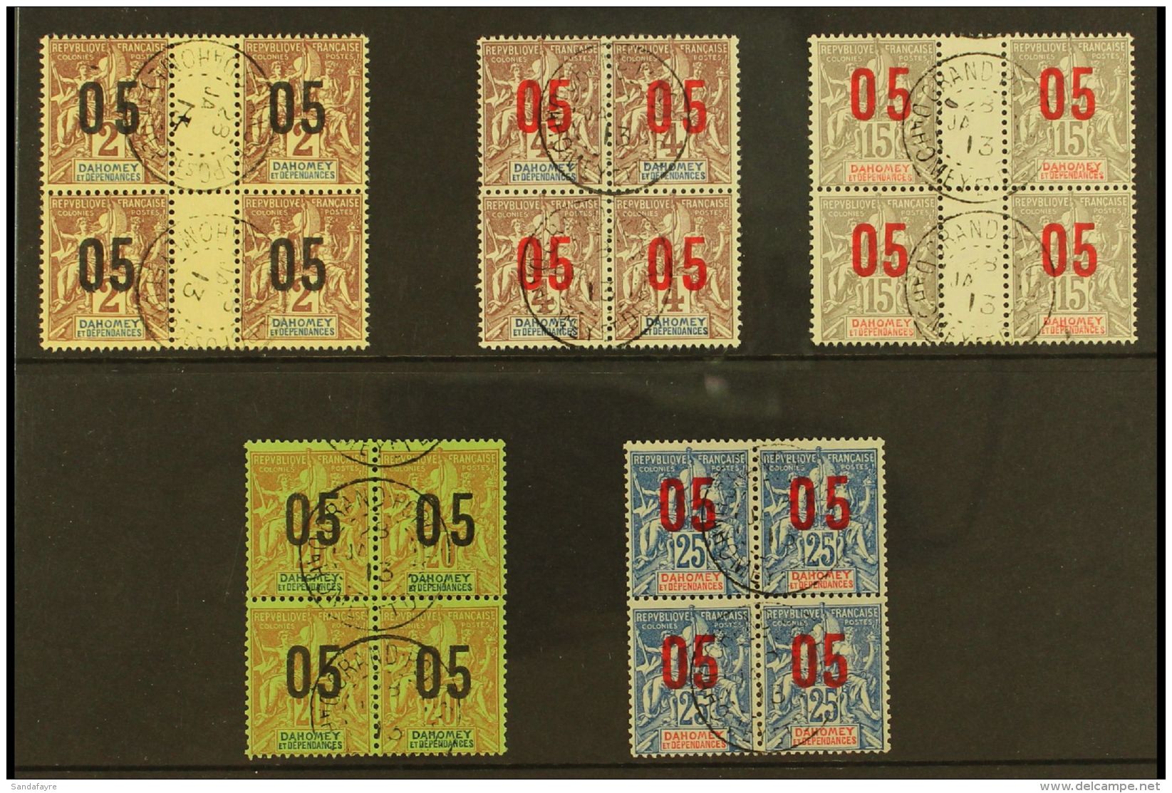 DAHOMEY 1912 NARROW &amp; WIDE SPACINGS SE-TENANT WITHIN BLOCKS OF 4. 1912 "05" On 2c (gutter Block), "05" On 4c,... - Andere & Zonder Classificatie