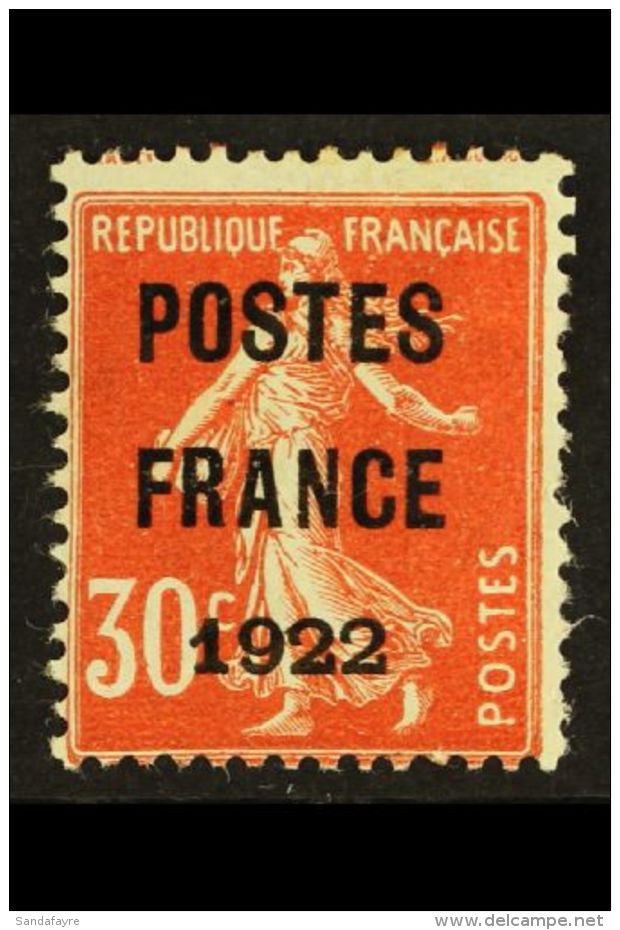 PRECANCELS 1922 30c Orange With "POSTES FRANCE" Overprint, Yvert 38, Mint, Small Thins, Fresh Colour, Cat 1,200... - Sonstige & Ohne Zuordnung