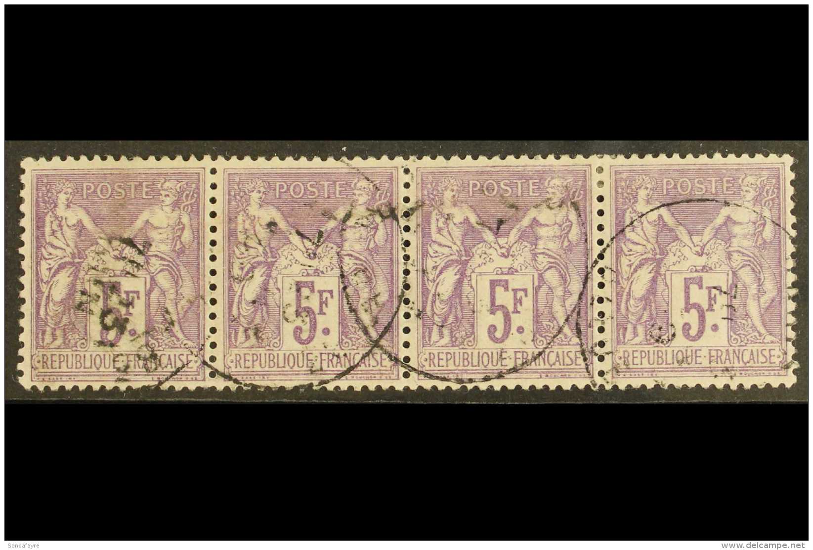 1884 5fr Violet On Lilac, Yv 95, Superb Used Strip Of 4, With Fabulous Fresh Colour, Full Perfs &amp; Pretty Cds... - Other & Unclassified