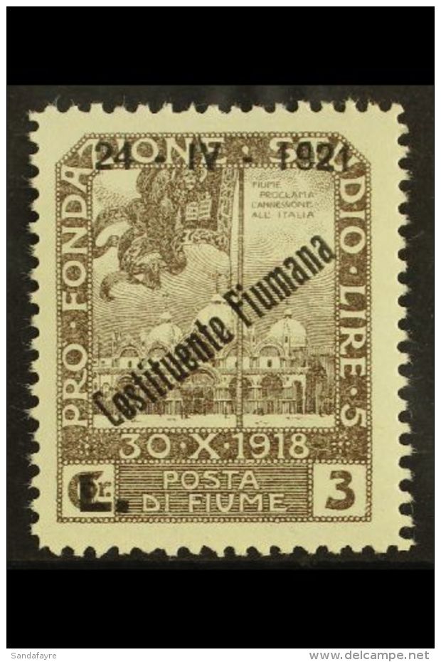 1921 3L On 3cor Grey-brown "Constituente Fiumana" Overprint (SG 187, Sassone 173), Never Hinged Mint, Very Fresh.... - Fiume