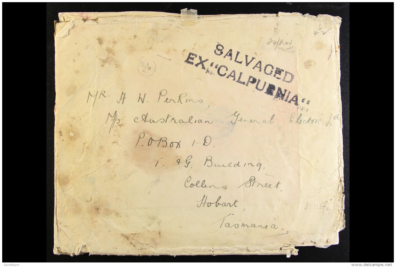 CALPURNIA CRASH Large Sized Envelope, Distressed Around The Edges Addressed To Tasmania With 2 Line SALVAGED/ EX... - Autres & Non Classés