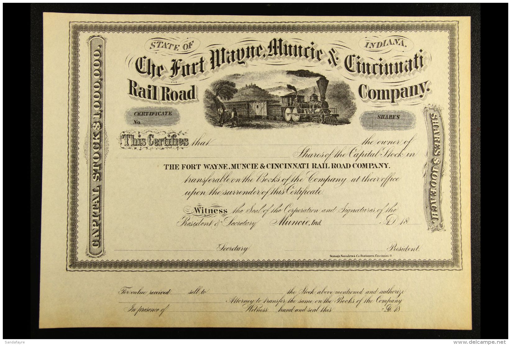 RAILWAY BEAUTIFUL SHARE CERTIFICATE (dated "18__") Unused For $100 Shares In The The Fort Wayne, Muncie &amp;... - Zonder Classificatie