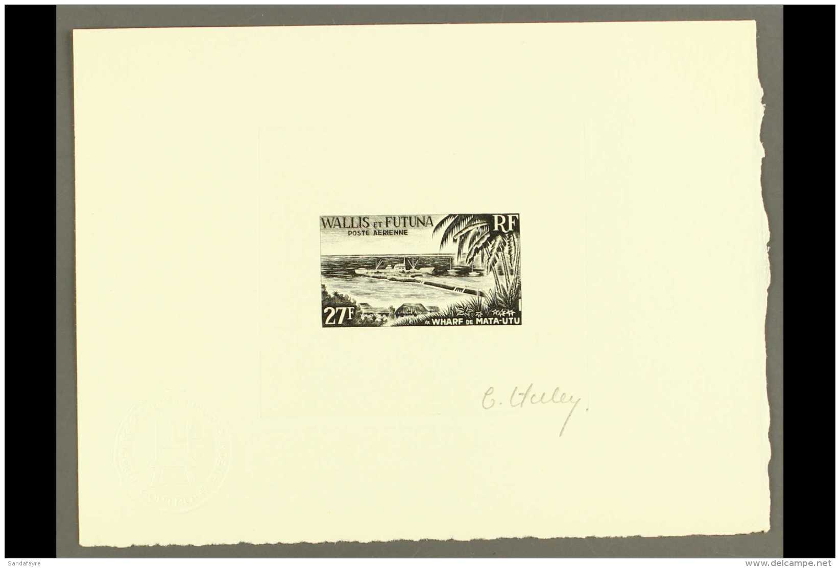SHIPS Wallis Et Futuna 1965 27f 'Wharf' Air Stamp SUNKEN DIE PROOF Printed In Black On Card, As Yvert 23, Signed... - Zonder Classificatie