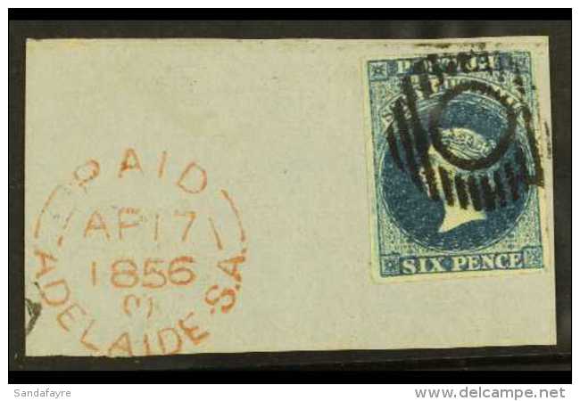 SOUTH AUSTRALIA 1855 6d Deep Blue, SG 3, Very Fine Used Example With 4 Large Margins, Tied To Piece With Fully... - Other & Unclassified